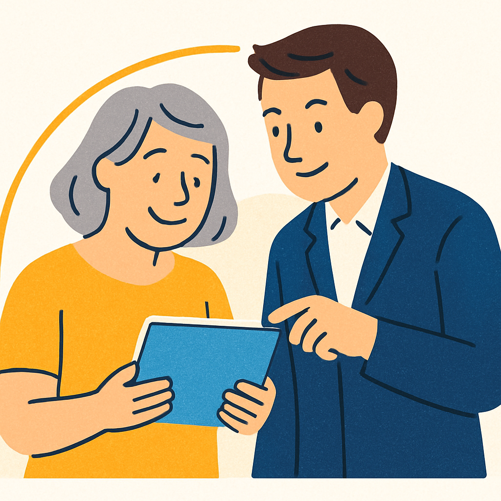 Deux personnes debout, carnet ouvert, apprenant ensemble dans une atmosphère chaleureuse — illustration de la formation personnalisée.